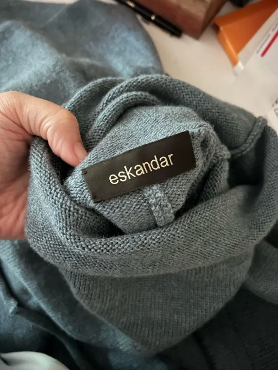 Eskandar Merino Wool Sweater Blue Heather Dolman Sleeve Made in Scotland Sz L - Picture 5 of 10